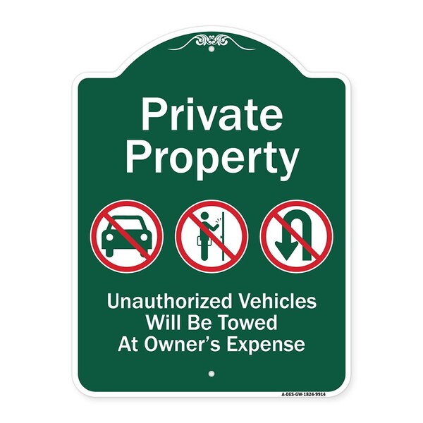 Private Property Unauthorized Vehicles Towed No Cars No Solicitors No Turn Around Sym, GW-1824-9914